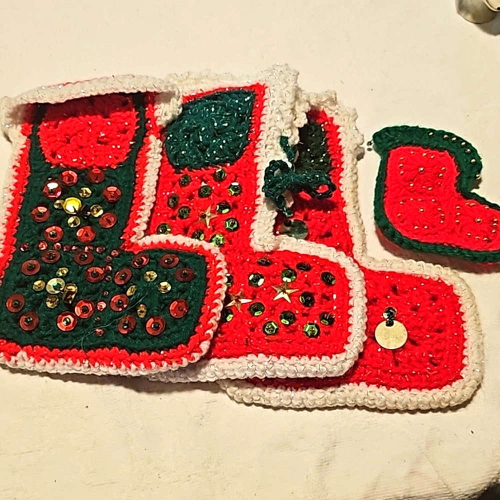 VINTAGE CROCHET STOCKINGS LOT OF 4 WITH LOTS OF BLING